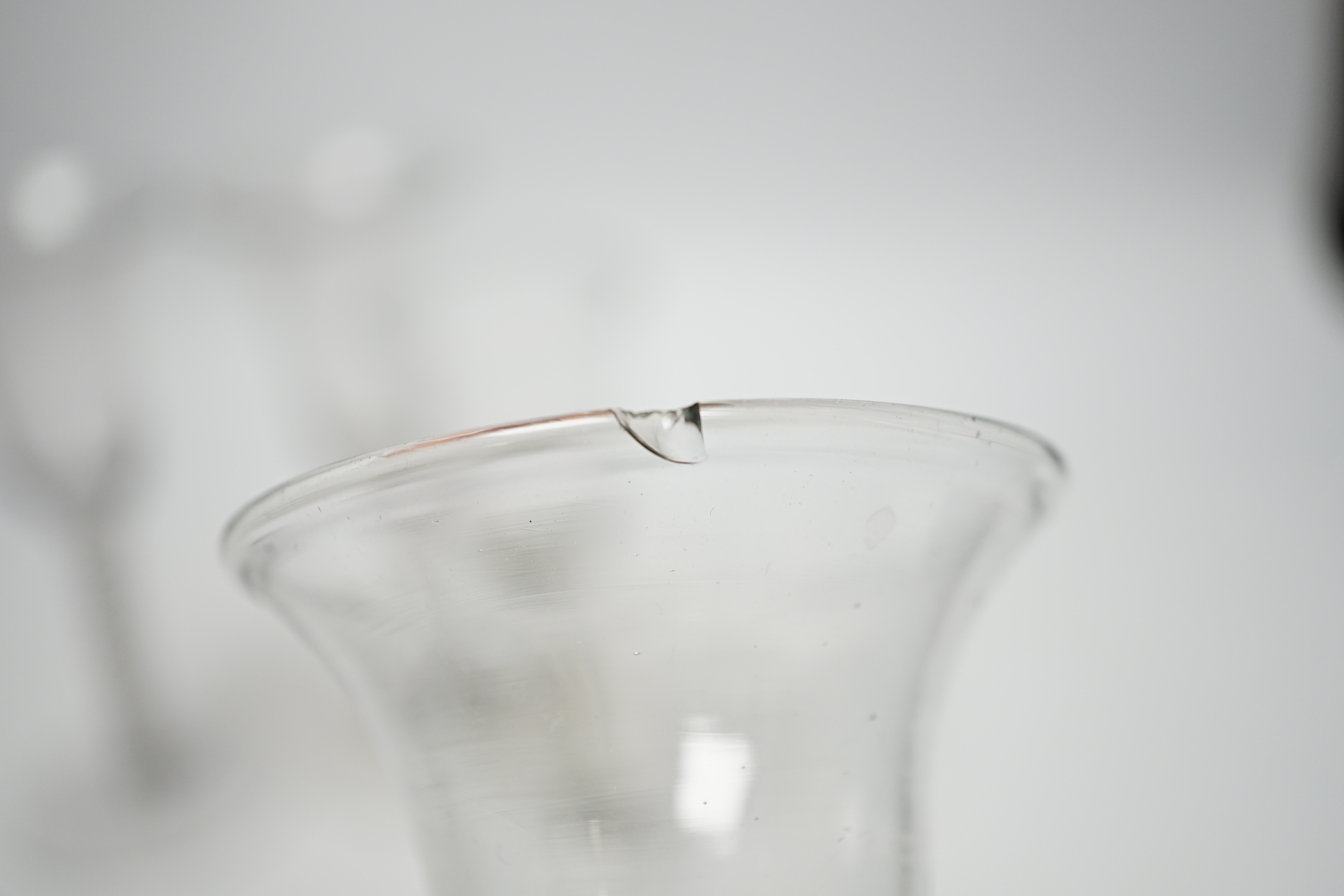 Four 18th century Dutch wine glasses with DSOT stems, three with bell-shaped bowls, one example with folded foot, tallest, 16.5cm